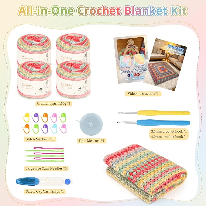 Coopay Crochet Kit for Beginner Crochet Blanket Kit w/Step-by-Step Tutorial | Granny Square Blanket kits with 600g Crochet Yarn, Hooks & Complete Tools, Crochet Blanket Kit Gift for Adults & Beginners