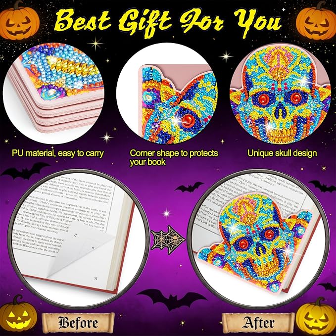 WIVICO 4Pcs Diamond Painting Bookmarks, Diamond Pearl Art Kits for Adults | DIY Diamond Dots Paint By Numbers Kit,Gifts for Book Lovers(Halloween Skull)
