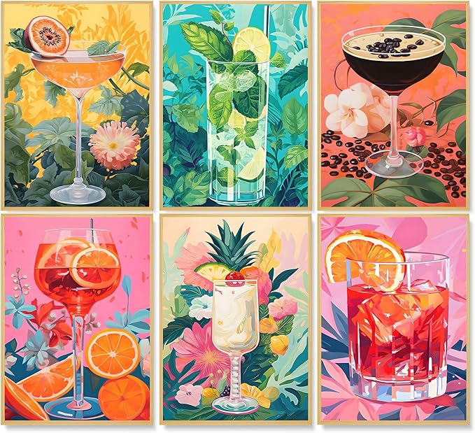 6 Pack Paint by Numbers Kit for Adults, Cocktail Drinks Canvas Painting Set | 10x14 Inch, DIY Acrylic Painting Craft Kit for Beginners without Frame, Relaxing Creative Hobby, Home Wall Decor, Gift