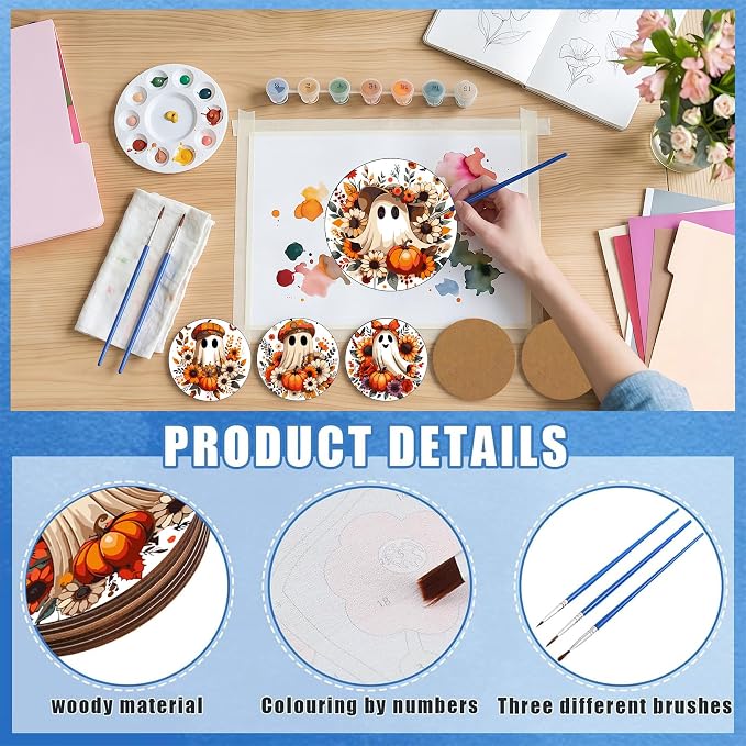 8 Pack Halloween Paint by Numbers Kits Coasters with Holder Cork Pads | Autumn Ghost Paint by Number Kits for Adults Simple Round Oil Painting Coaster for Small DIY Craft Holiday Gift 3.9x3.9in