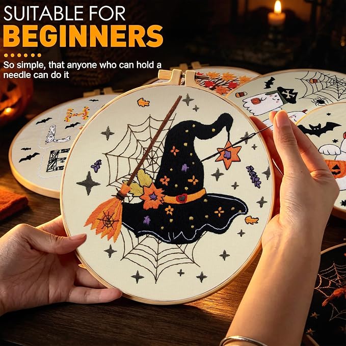 ElasignShopo 5 Sets Halloween Embroidery Kit for Adult Beginners Pumpkin Bat Embroidery Starter Kit Halloween Cross Stitch Kits Needlepoint Kits Includes Instruction 2 Hoops Color Threads Needles