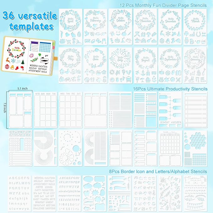 GYGOT 36 PCS Planner Stencils,Plastic Bullet Journals Stencils Supplies