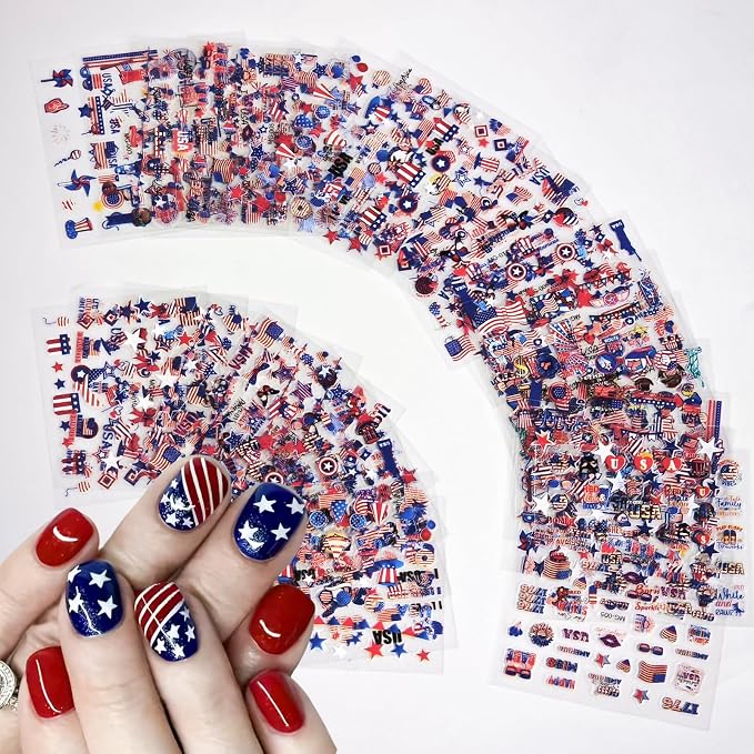 30 Sheets 4th of July Nail Stickers for Nail Art Independence Day Nails Art Stickers 3D Self Adhesive American Flag Stars Letters Fireworks Nails Decals Fourth of July Design Sticker for Women