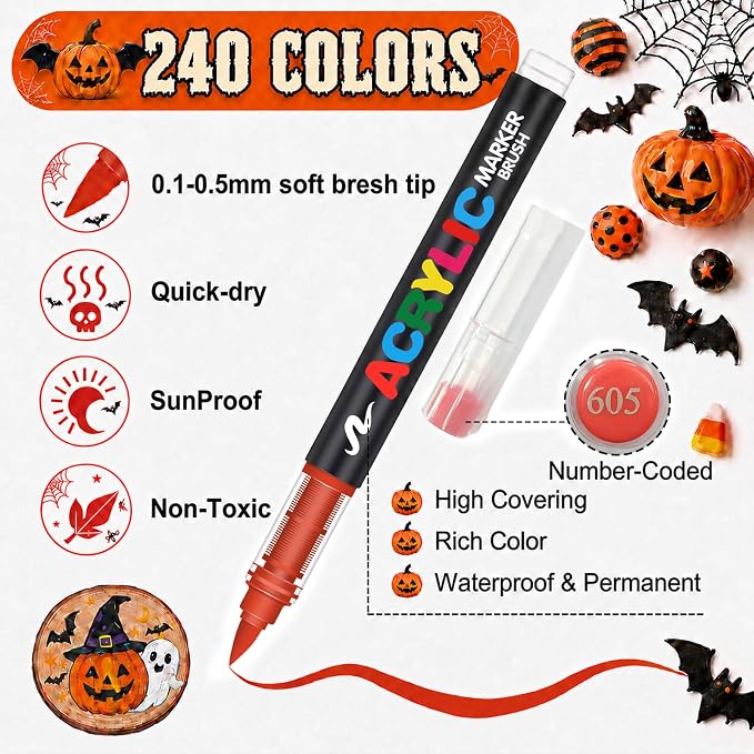 Amamao 240 Colors Soft Brush Tip Acrylic Paint Markers for Rock Painting