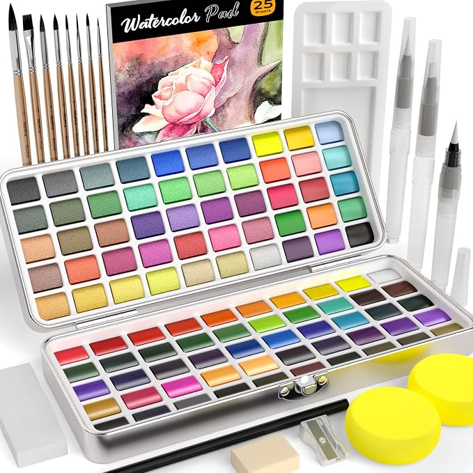 Nicpro 100 Colors Watercolor Paint Set, Metallic Macaron & Fluorescent | 8 Synthetic Squirrel Brushes, 25 Watercolor Paper, Palette, Art Supplies Kit for Artist Adult Beginner with Gift Box