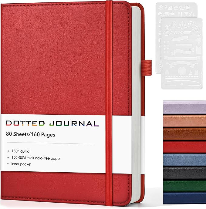 Dotted Journal Notebook, A5 Leather Hardcover, 160 Pages, 180° Lay-Flat Binding, 100 GSM Thick Paper, Dot Grid for Bullet Journaling, Planning & Daily Organization (Wine Red)