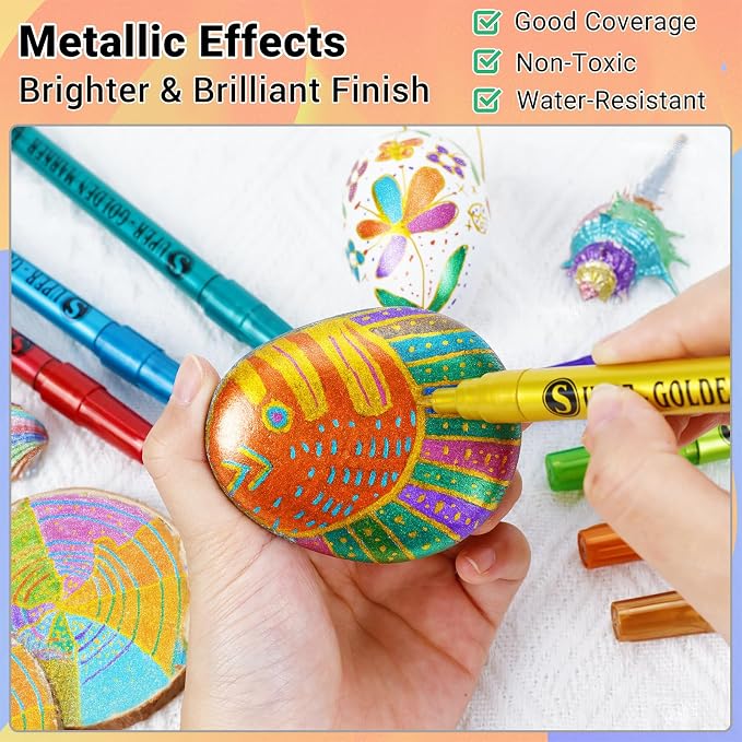 SAKEYR Super Golden Metallic Paint Markers, 12 Colors Sparkle Metallic Glitter Markers, 0.7mm Extra Fine Point Acrylic Paint Pens for Rock Painting, Glass, Wood, Black Paper, Scrapbook, DIY Art Crafts