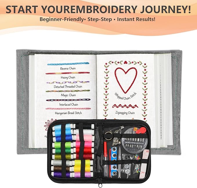 INDCOLOR 2026 Upgraded Embroidery Stitch Book Kit, 106 Patterns with Tools & Tutorials, 86 PCS Beginner Embroidery Kit, Portable All-in-One Hand Embroidery Book for Adults & DIY Craft Lovers