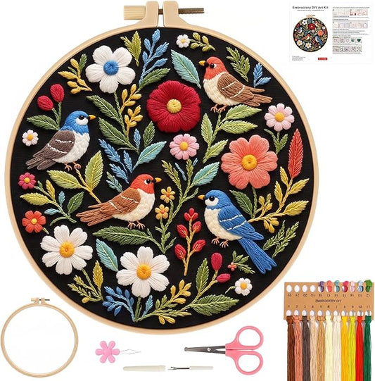 Bird Embroidery Kit for Beginners, Floral Hand Embroidery Starter Kit with 6 Inch Hoops, Pre-Printed Patterns Cloth, Needles, Threads & Accessories, DIY Embroidery Starter Kit for Women Craft Lovers