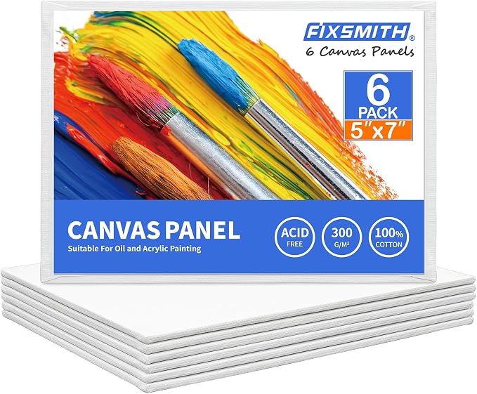 FIXSMITH Canvas Boards for Painting 5x7 Inch, Super Value 6 Pack White Blank Canvas Panels, 100% Cotton Primed, Painting Art Supplies for Professionals, Hobby Painters, Students & Kids