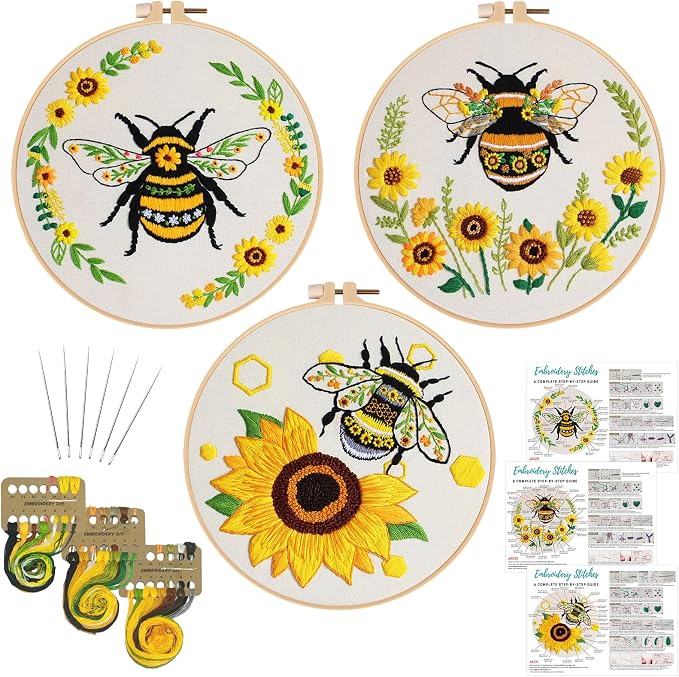 Nuberlic 3 Pack Embroidery Kit for Beginners with Bee Pattern