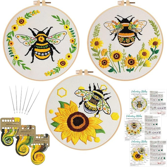 Nuberlic 3 Pack Embroidery Kit for Beginners with Bee Pattern