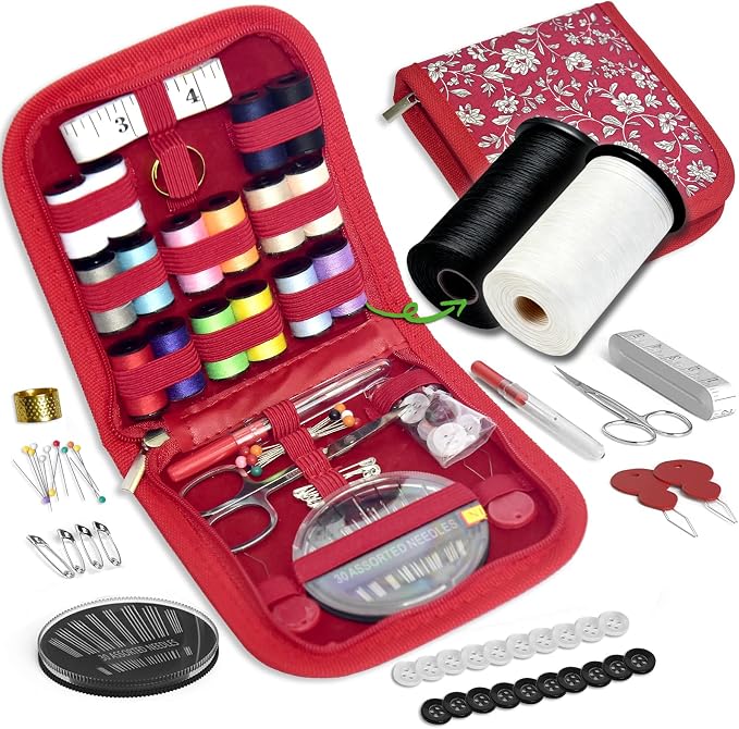 Sewing Kit Gifts for Grandma, Mom, Friend, Traveler, Adults, Beginner, Emergency,Sewing Supplies Accessories with Scissors,Sewing Needles Thimble, Thread,Tape Measure etc(Wildflower red, S)