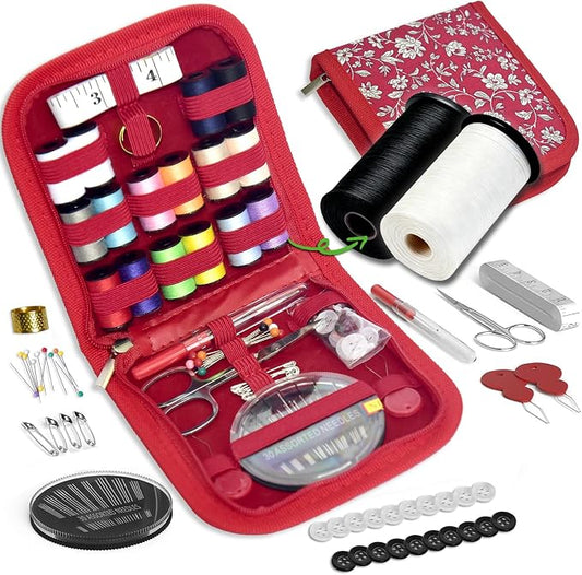 Sewing Kit Gifts for Grandma, Mom, Friend, Traveler, Adults, Beginner, Emergency,Sewing Supplies Accessories with Scissors,Sewing Needles Thimble, Thread,Tape Measure etc(Wildflower red, S)