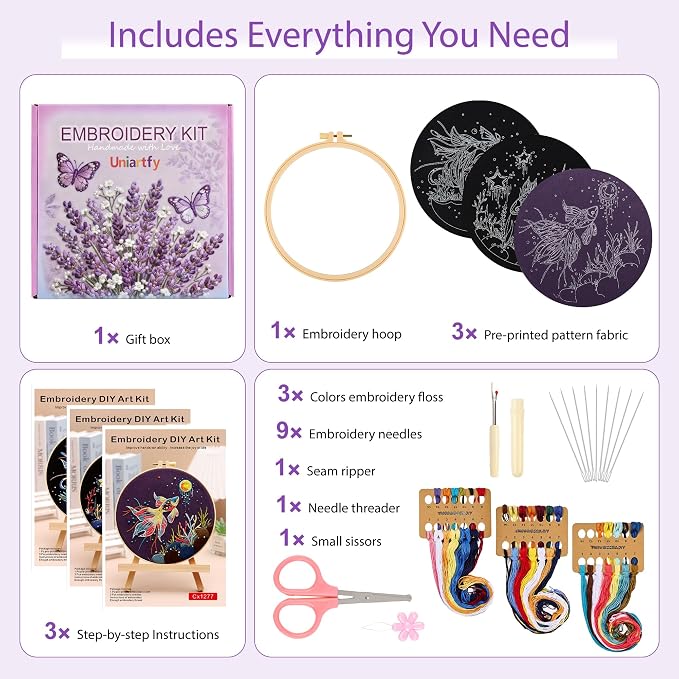 Uniartfy 3 Sets Hand Embroidery Starter Kits for Beginners Adults, Goldfish Stamped Cross Stitch Kit, DIY Needlepoint Kit with Cloth, Hoop,Threads and Instruction, Easy to Learn Embroidery Starter Kit