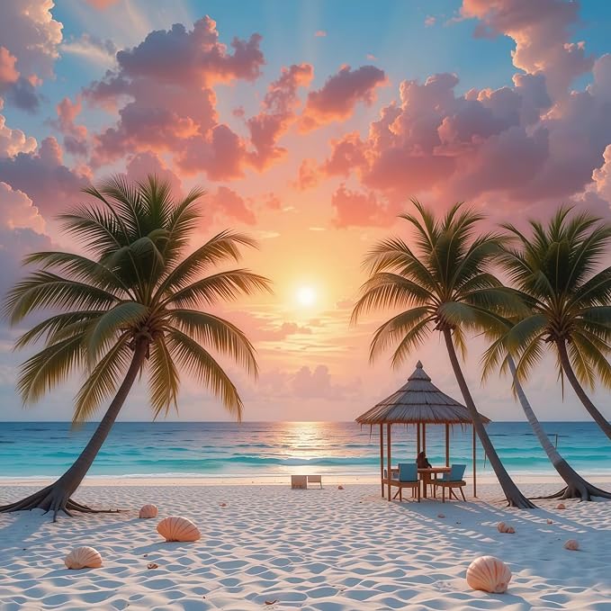 5D Beach Sunset Diamond Art kits for Adults Beginners 13.8x13.8inch | Coastal Ocean Palm Trees Diamond Painting Kit, DIY Full Round Drill Paint by Diamonds Dot Gem Art for Adult, Home Wall Decor
