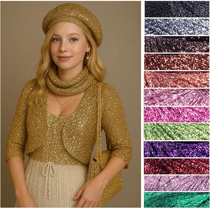 Pack 2 Twinkle Metallic Glitter Yarn Sparkle Fine 1 Light Fingering Weight Worsted Gold Silver for Crochet Knitting, 25g 0.88oz, 175yard Soft Craft Shawls Bags Lurex