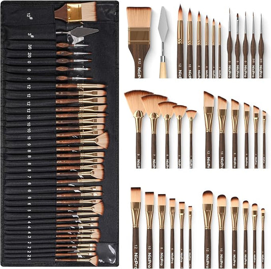 Nicpro 36pcs Paint Brush Set for Acrylic Painting,Oil, Watercolor (Golden) | Professional Paintbrushes for Acrylic Oil Gouache,Includes Palette Knife and Cloth Roll, Art Supplies for Artists & Beginners