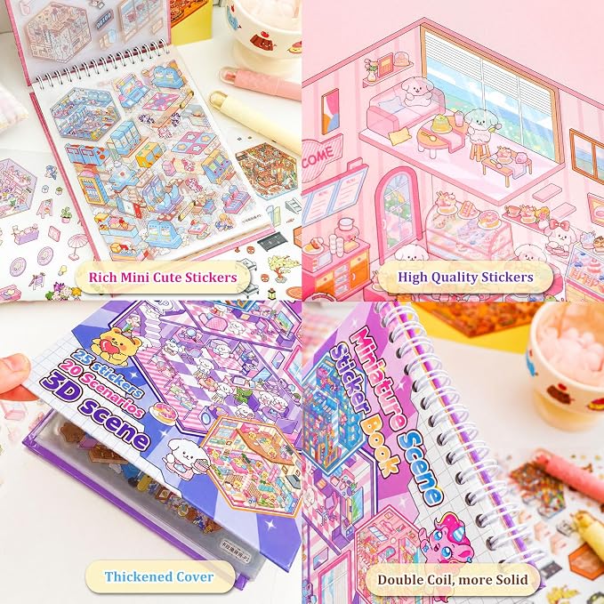 20 Sets 3D Sticker Scenes for Adults Fun Mini Cute Kawaii Stickers Therapy 3D Scenes 3D House Stickers Set Relief Stress Pass The Time