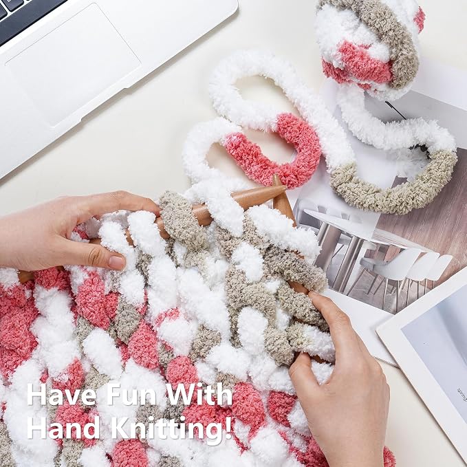 Cozyful Chunky Yarn for Hand Knitting - #10 Chunky Chenille Blanket Yarn, Jumbo Big Thick Chunky Yarns for Crocheting, Tie Dye Bulky Knit Yarns, 8 Skein (20 yds 8 oz Each Skein), Khaki & Rose & White