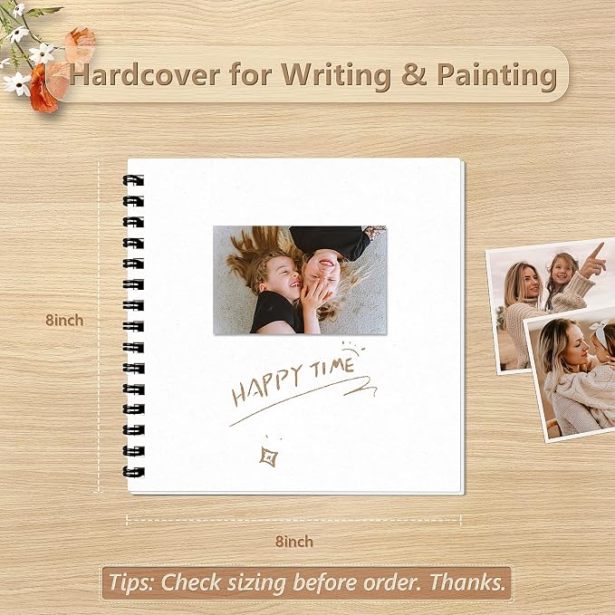 popotop 8x8 Inch Scrapbook Photo Album, 60 Page Decorative Kraft Paper Book for 4x6 Pictures, DIY Memory Photo Albums as Gifts for Wedding Baby Christmas School Family