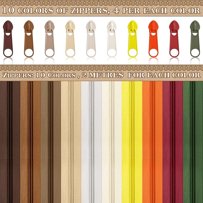 DOITEM 22.2 Yards/ 20 m 10 Pcs Assorted Colors #5 Nylon Coil Zippers, Sewing Zippers Endless Zips with 40 Pieces Zipper Sliders for DIY Sewing Tailor Craft Supplies