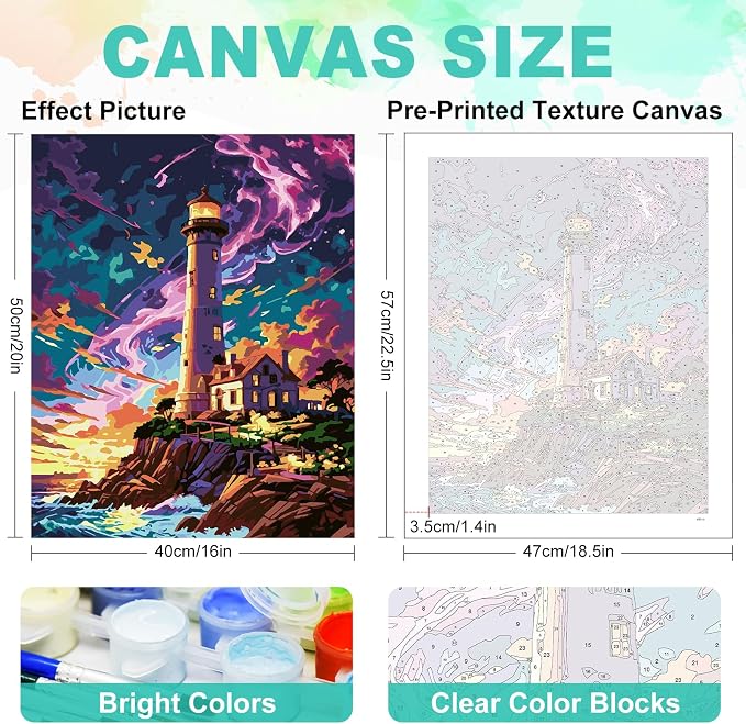 GEEHEIY Paint by Numbers Kit for Adults, Lighthouse Aurora, 16 x 20 Inch | DIY Adult Paint by Number Kit on Canvas for Beginners, without Frame, Coastal Wall Decor, Stress Relief Craft Gift
