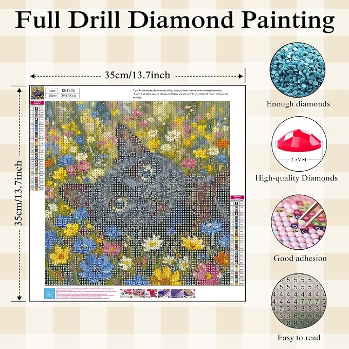 Diamond Painting Kit for Adults, Cat Flower Diamond Art Kits 13.7x13.7In | 5D Full Round Drill Gem Painting Paint by Diamonds Relaxing DIY Craft for Home Wall Decor