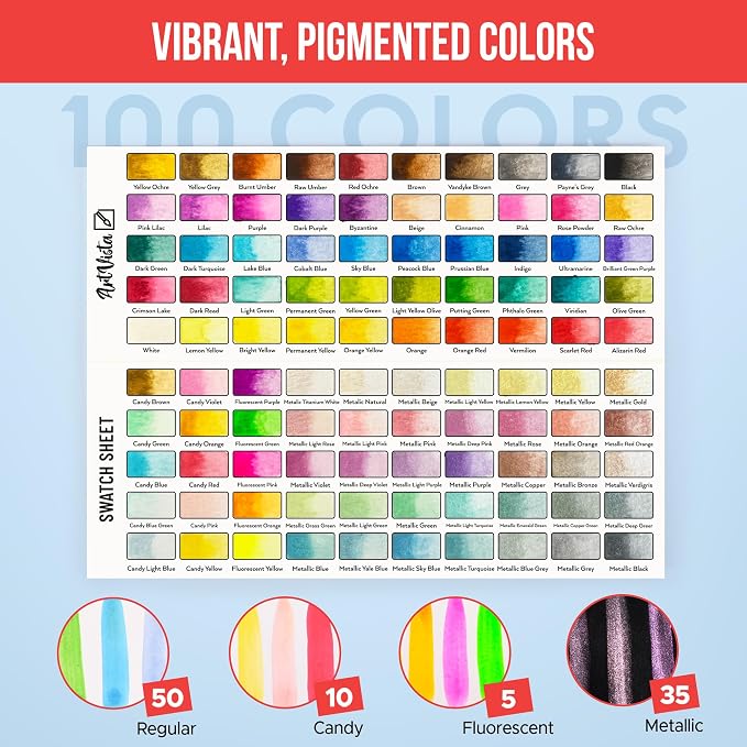 Watercolor Paint Set 100 Vibrant Colors for Adult Beginner Professional | With Metallic Colors. Travel Size Water Color Art Kit Palette for Adults & Beginners. Portable Watercolors, Artist Gifts Idea
