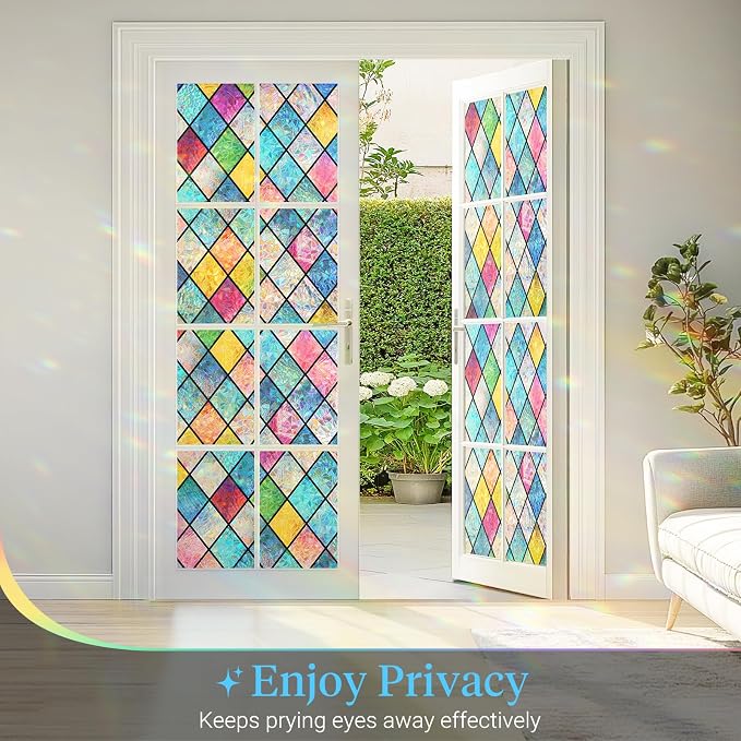 Haton Stained Glass Winodw Film, Rainbow Lattice Stickers, 35.4" x 118.1"