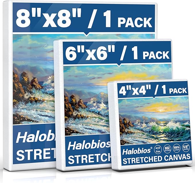 Halobios 3 Packs Stretched Canvases for Painting with 4x4 Inch, 6x6 Inch, 8x8 Inch, Square Blacnk Canvases for Acrylics,Oils & Other Painting Media, 5/8 Inch Profile 100% Cotton Artist Framed Canvas