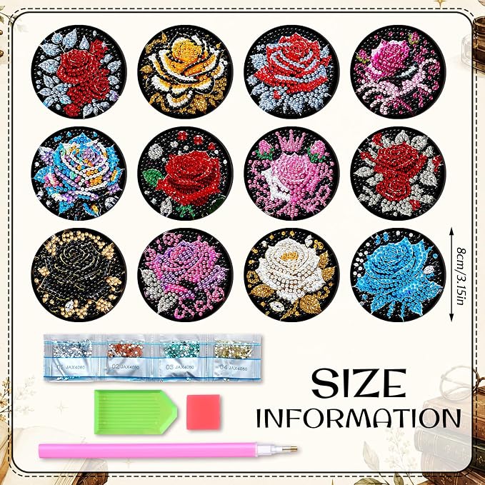 Zonon 12 Pcs Rose Flower Diamond Art Magnets, Flowers Fridge Magnets Adults | Diamond Painting Stickers, Sparkling Rose Designs, Easy to Apply on Refrigerator for Home Kitchen Decor