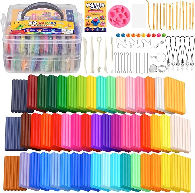 Polymer Clay Kit 50 Colors, Oven Bake Clay for Kids & Artists | DIY clay kit with sculpting tools & accessories; easy-shape, non-sticky, colorful clay for classroom, home crafts & gifts.