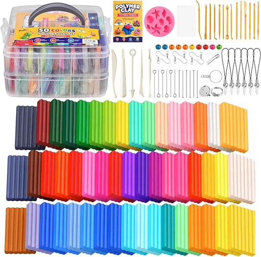 Polymer Clay Kit 50 Colors, Oven Bake Clay for Kids & Artists | DIY clay kit with sculpting tools & accessories; easy-shape, non-sticky, colorful clay for classroom, home crafts & gifts.