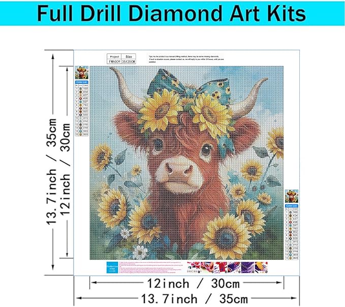Gikboup Highland Cow Diamond Art Kit for Adults, Sunflower Floral Bow 13.7"