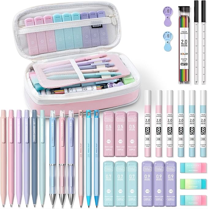 Four Candies 36PCS Mechanical Pencil Set with 624 Lead Refills (Pink)