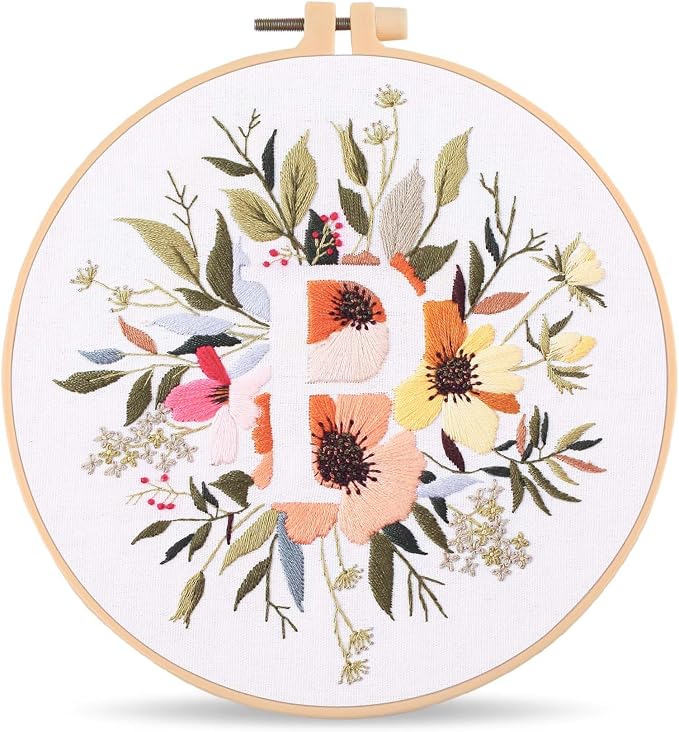 Harimau Letter Pattern P Embroidery Kit for Adult Beginners, Complete Starter Pack with 1 Hoop, Needles, Instruction Guide & Embroidery Stitch Video Tutorials