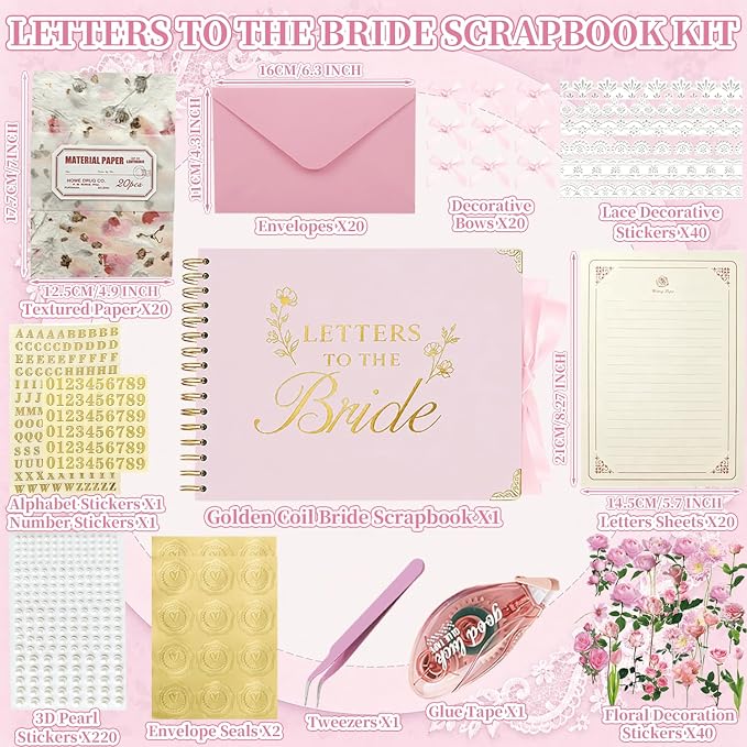 Ratutodax Letters to The Bride Scrapbook Kit,10"x8" DIY Wedding Guest Book | Blush Pink;Lay-flat gold coil design;50 blank pages of 180gsm;Fits 5" x 7" photos;160+ accessories;Bridal Shower Gift