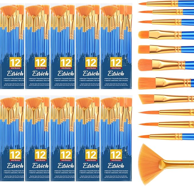ESRICH Paint Brushes Set, 10Pack 120pcs Nylon Hair Round-Pointed Tip | Acrylic Paint Brushes for Watercolor Oil Rock Face Painting, Paint Brush for Arts Painting Brush Kits.
