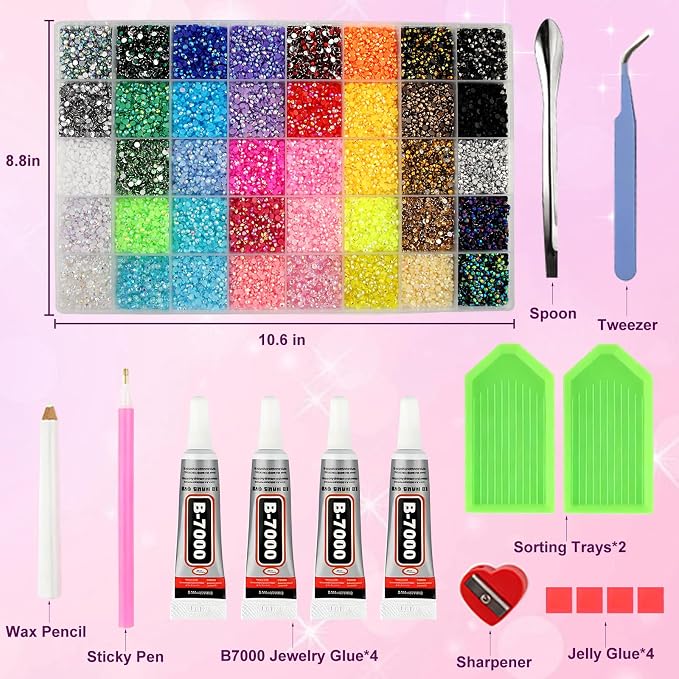 40,000-Piece Bedazzling Kit, 40 Colors, 3mm Jelly AB Resin Rhinestones | Flatback gems with 4 B-7000 glue tubes, 40-compartment box, tweezers and trays for tumblers, phone cases and DIY crafts.