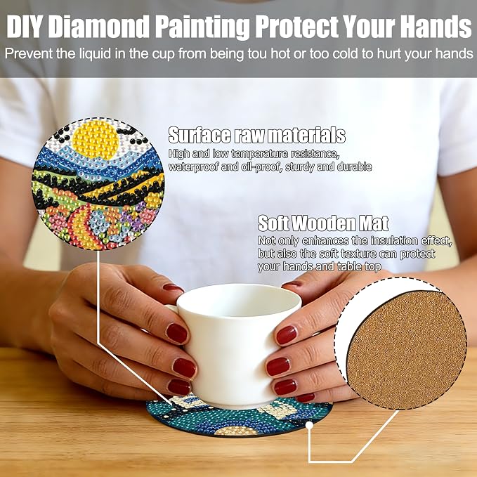 8 Pcs Landscape Diamond Art Coasters with Holder,Landscape Diamond Art Kits for Adults,Diamond Painting Coasters Kit for Gifts
