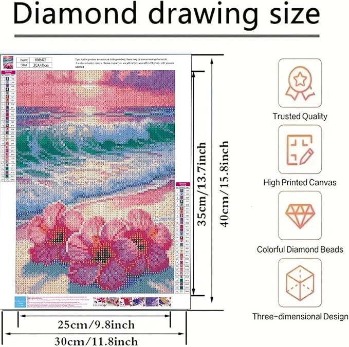 BYGFHLYW 5D Diamond Art Kits for Adults, Beach Flower Diamond Painting Kits | Full Drill Round Paint by Diamonds Dot Gem Art for Home Wall Decor 12x16inch