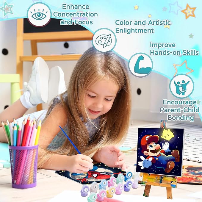 3 Pack Cartoon Paint by Numbers Kit for Kids with Frame Wooden Easel | Cute Kids Paint by Numbers Ages 4 8 12, DIY Acrylic Oil Painting for Home Wall Decor (8x8 inch)