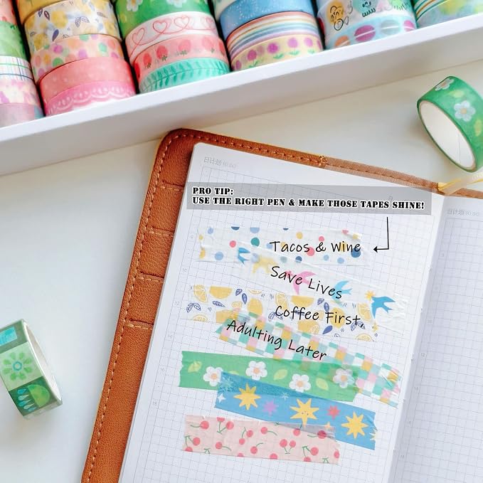 Washi Tape Set (38 Rolls) - Floral Scrapbooking Supplies Kit with Ephemera & Stickers for Junk Journal, Bible Study, Bullet Journaling Craft Projects