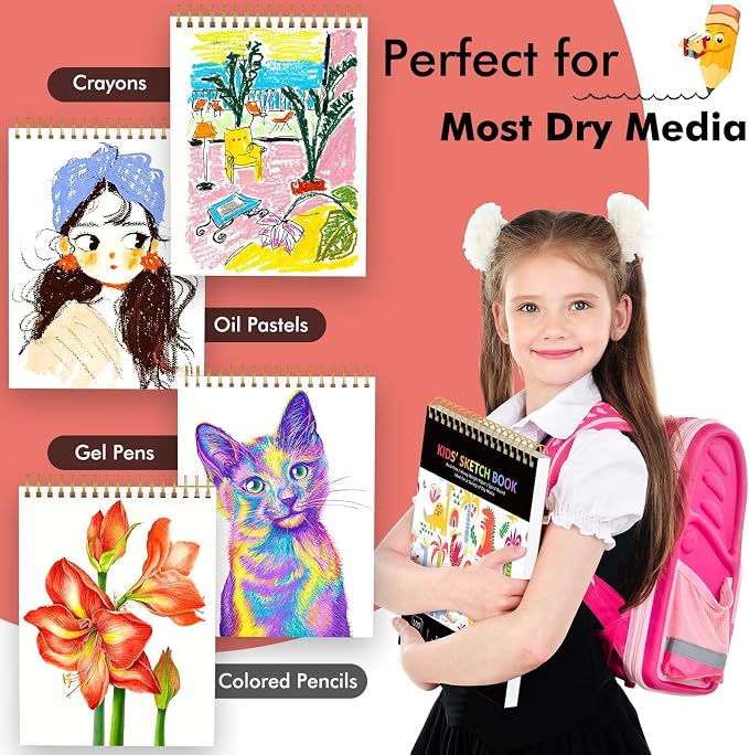Soucolor Sketch Book for Kids, 9" x 12" Kids Sketchbook, Boys & Girls Gift | 100 Sheets Tear-out Acid-Free Drawing Paper |Spiral bound Smooth Paper for Pencils Markers Crayons, Art Supplies for Kids 3+