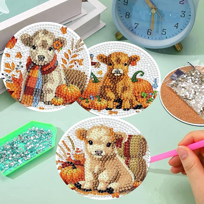 mrpwnle 8 Pcs Diamond Art Coasters Kits DIY Cow Diamond Painting Coasters