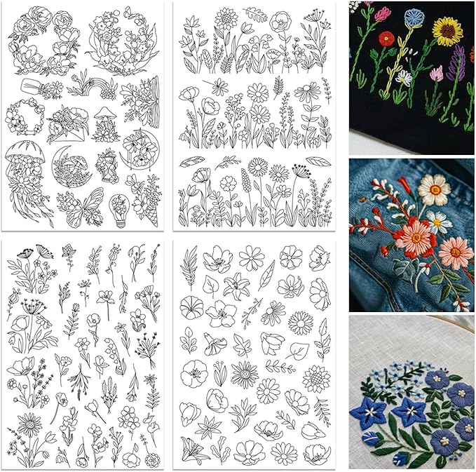 ORIGACH 4 Sheets 105 Pcs Water Soluble Embroidery Patterns Stabilizers - Pre-Printed Floral, Flowering Shrubs & Leaves Designs - Stick & Stitch Embroidery Paper for Hand Sewing Lovers