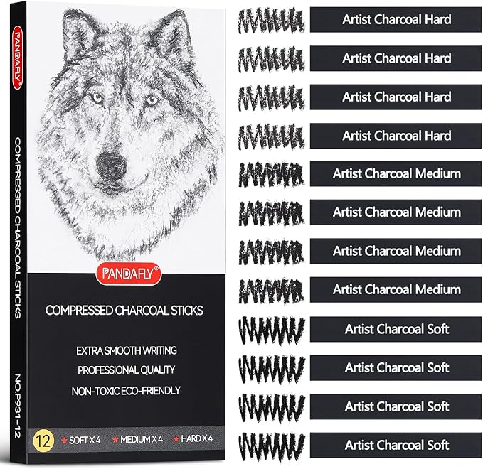 PANDAFLY Compressed Charcoal Sticks, 12 Pack, Soft Medium & Hard | Black Square Vine Charcoal Sticks for Drawing, Sketching, Shading, Charcoal Drawing Set for Beginners & Pro Artists