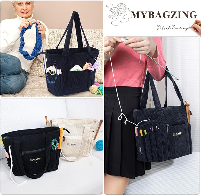 MYBAGZING Crochet Bag and Tote - Corduroy Yarn Bag - Yarn Holder for Crocheting - Crochet Storage Bag for Crochet Hooks, Crochet Accessories, Knitting Bag for Crochet Lovers, Mom Gift