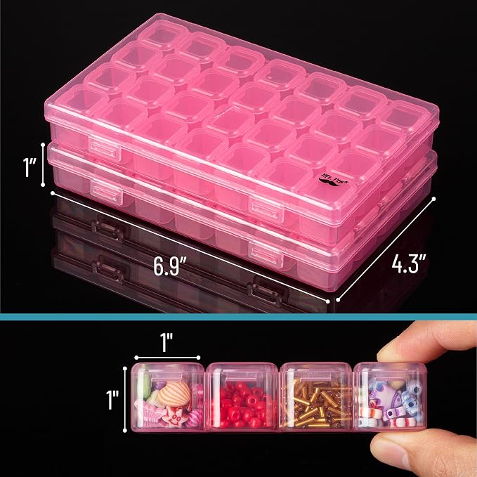 Mr. Pen- Bead Storage Containers, 28 Grids, 2 Pack, Transparent Pink | 160 pcs Label Stickers, Transparent, Small Bead Organizer Box, Diamond Art, Diamond Painting Organizer